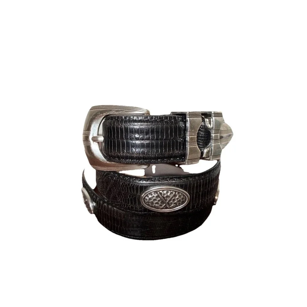 Fullerton Vintage Golf Concho Lizard Embossed Leather Belt Size 36 Black Western